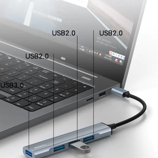Докинг станция 4в1 – Yesido HB17 – Type-C → 1× USB3.0, 3× USB2.0, Plug&Play, 5Gbps, алуминий – Сива