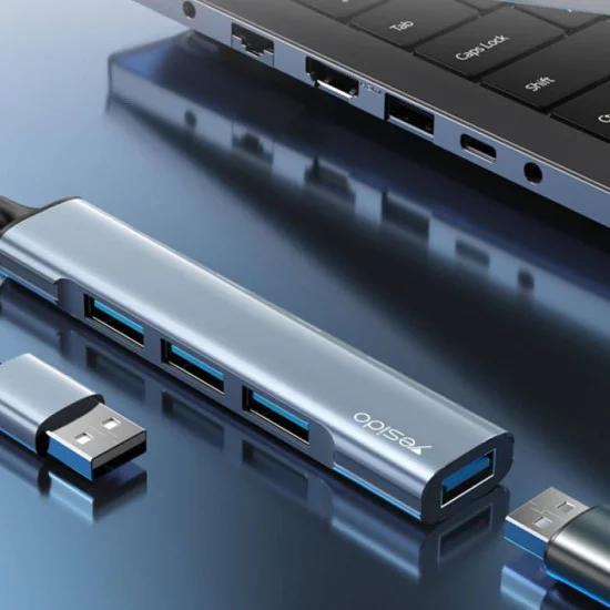 Докинг станция 4в1 – Yesido HB18 – USB → 1× USB3.0, 3× USB2.0, Plug&Play, 5Gbps, алуминий – Сива