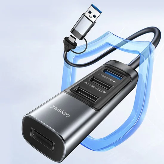 Докинг станция 5 в 1 – Yesido HB20 – USB/Type-C → 4× USB + USB-C, PD100W, fast charge, 5Gbps – Сив