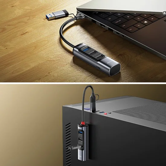 Докинг станция 4 в 1 – Yesido HB19 – USB/Type-C → 3× USB + USB-C, fast charge, 5Gbps – Сив