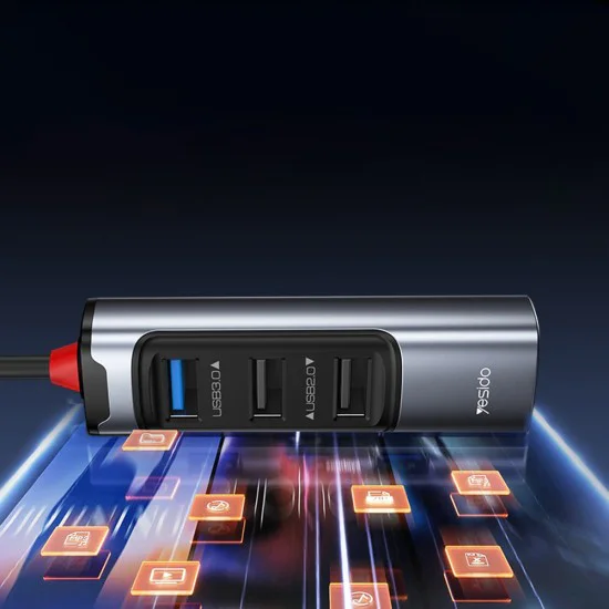 Докинг станция 4 в 1 – Yesido HB19 – USB/Type-C → 3× USB + USB-C, fast charge, 5Gbps – Сив