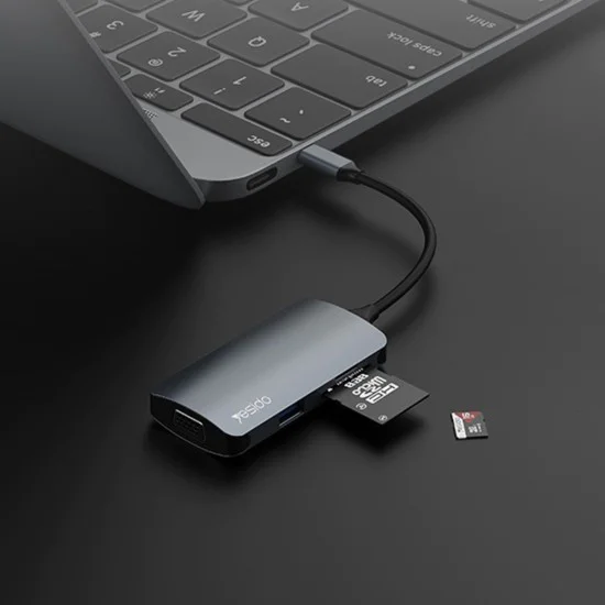 Докинг станция 7в1 – Yesido HB16 – Type-C → USB3.0, 2× USB2.0, TF/SD, VGA, USB-C, 5Gbps, PD100W – Сива