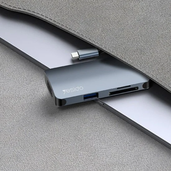 Докинг станция 7в1 – Yesido HB16 – Type-C → USB3.0, 2× USB2.0, TF/SD, VGA, USB-C, 5Gbps, PD100W – Сива