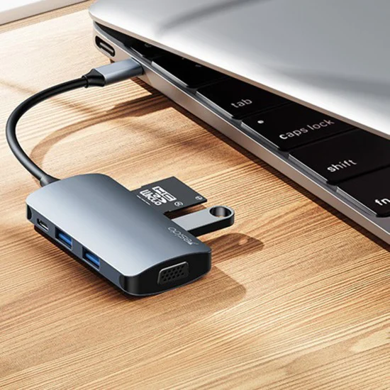 Докинг станция 7в1 – Yesido HB16 – Type-C → USB3.0, 2× USB2.0, TF/SD, VGA, USB-C, 5Gbps, PD100W – Сива