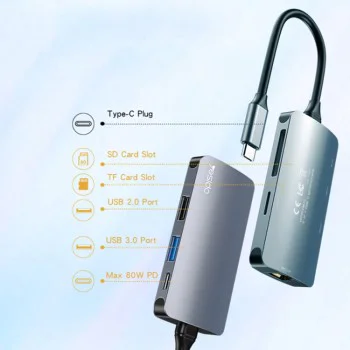 Докинг станция – Yesido HB15 – Type-C → 2× USB, USB-C, SD/TF, RJ45 1000Mbps, Plug&Play – Сива