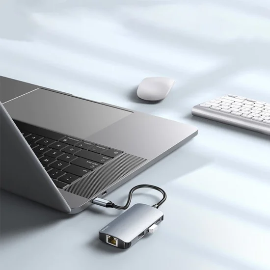 Докинг станция – Yesido HB15 – Type-C → 2× USB, USB-C, SD/TF, RJ45 1000Mbps, Plug&Play – Сива