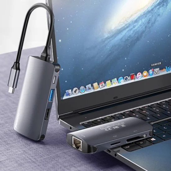 Докинг станция – Yesido HB15 – Type-C → 2× USB, USB-C, SD/TF, RJ45 1000Mbps, Plug&Play – Сива
