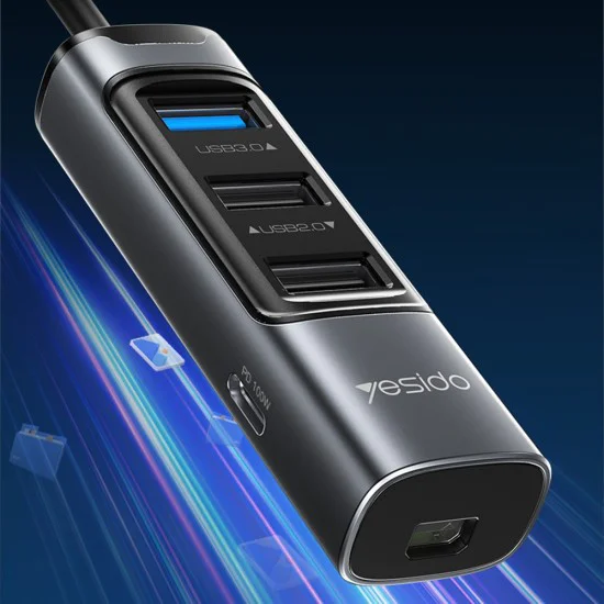 Докинг станция 5 в 1 – Yesido HB24 – Type-C → 3× USB + USB-C + Mini DP, PD100W, 4K@30Hz, 5Gbps – Сив