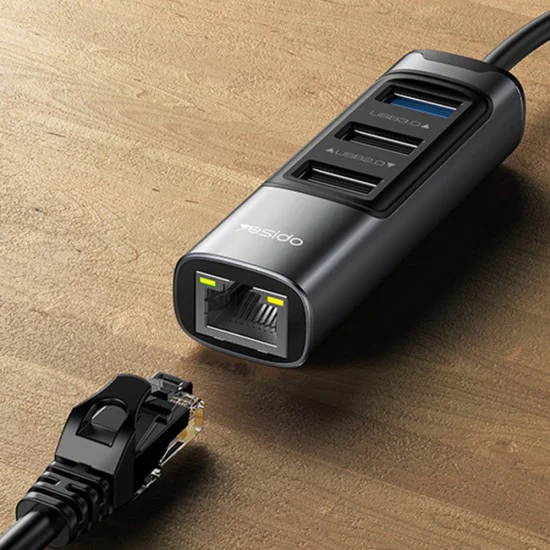 Докинг станция – Yesido HB21 – USB/Type-C → 3× USB + USB-C + RJ45 1000M, PD100W, 5Gbps – Сив