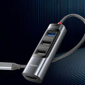 Докинг станция 5 в 1 – Yesido HB22 – Type-C → 3× USB + USB-C + HDMI, PD100W, 4K@30Hz, 5Gbps – Сив