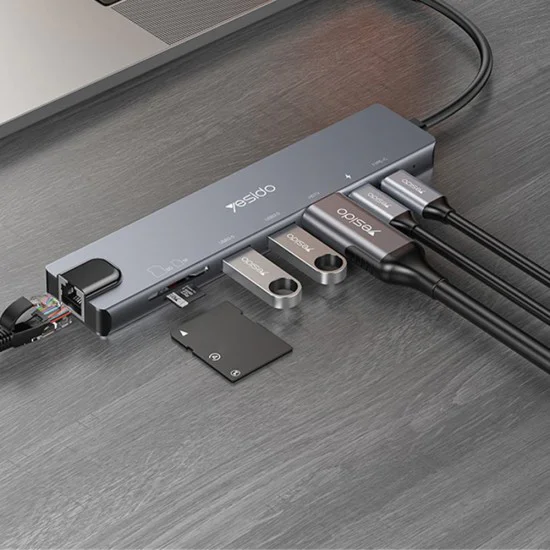Докинг станция 8в1 – Yesido HB27 – Type-C → 2× USB, 2× USB-C, HDMI, RJ45, SD/TF, PD100W, 4K@30Hz – Сива