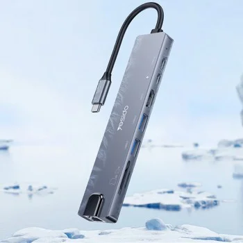 Докинг станция 8в1 – Yesido HB27 – Type-C → 2× USB, 2× USB-C, HDMI, RJ45, SD/TF, PD100W, 4K@30Hz – Сива