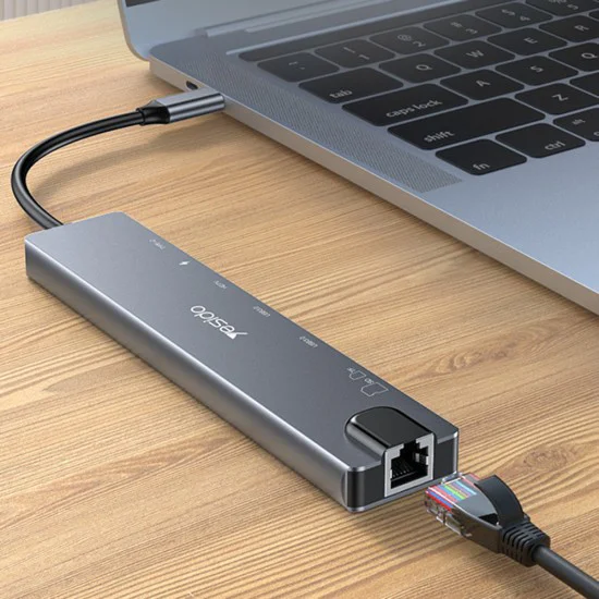 Докинг станция 8в1 – Yesido HB27 – Type-C → 2× USB, 2× USB-C, HDMI, RJ45, SD/TF, PD100W, 4K@30Hz – Сива