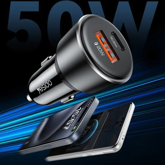 Автомобилно зарядно – Yesido Y64 – USB-A + Type-C, 50W, fast charge, multi-protection – Черно