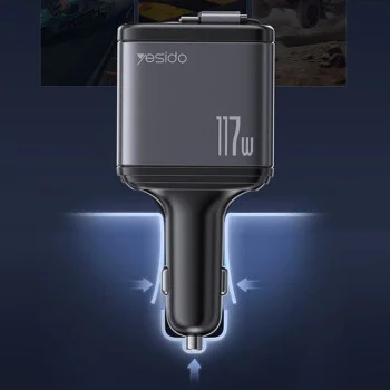 Автомобилно зарядно 4в1 – Yesido Y63 – 2× прибиращи кабели, LED светлина, fast charge 117W – Сиво