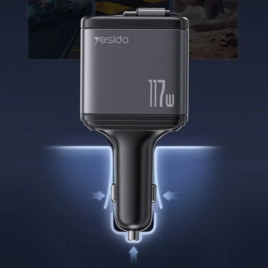 Автомобилно зарядно 4в1 – Yesido Y63 – 2× прибиращи кабели, LED светлина, fast charge 117W – Сиво