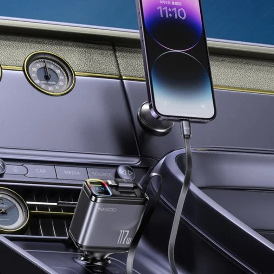 Автомобилно зарядно 4в1 – Yesido Y63 – 2× прибиращи кабели, LED светлина, fast charge 117W – Сиво