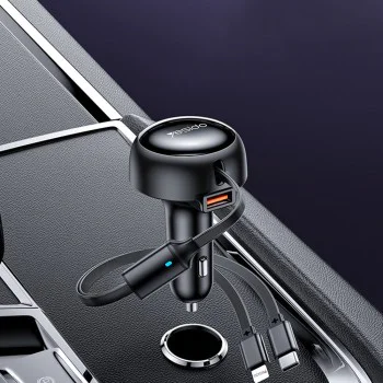 Автомобилно зарядно – Yesido Y61 – с 2× прибиращ се кабел Type-C/Lightning, USB-A, 53W – Черно