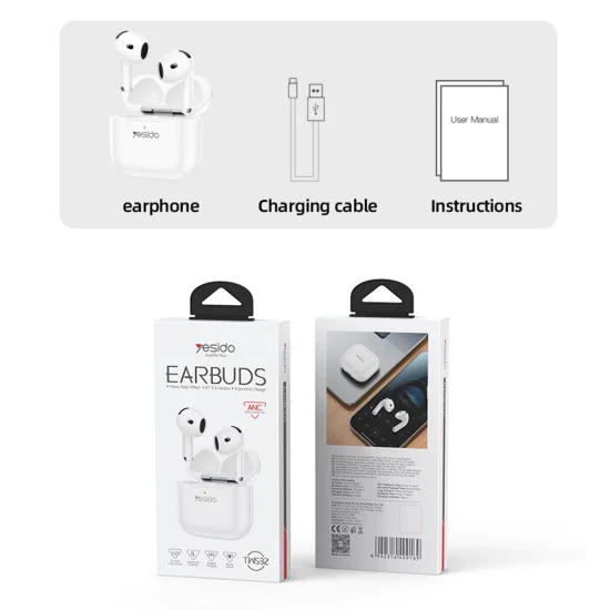 Безжични слушалки – Yesido Wireless Earbuds (TWS32) – ANC, микрофон, Bluetooth 5.4, полу-в ухо дизайн, 300mAh – Бели