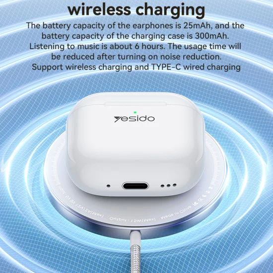 Безжични слушалки – Yesido Wireless Earbuds (TWS32) – ANC, микрофон, Bluetooth 5.4, полу-в ухо дизайн, 300mAh – Бели