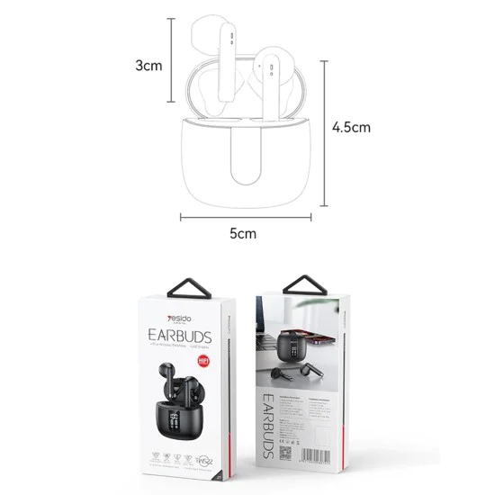 Безжични слушалки – Yesido Wireless Earbuds (TWS22) – Микрофон, Bluetooth V5.3, LED дисплей, тъч контрол, полу-в ухо, 400mAh – Черни