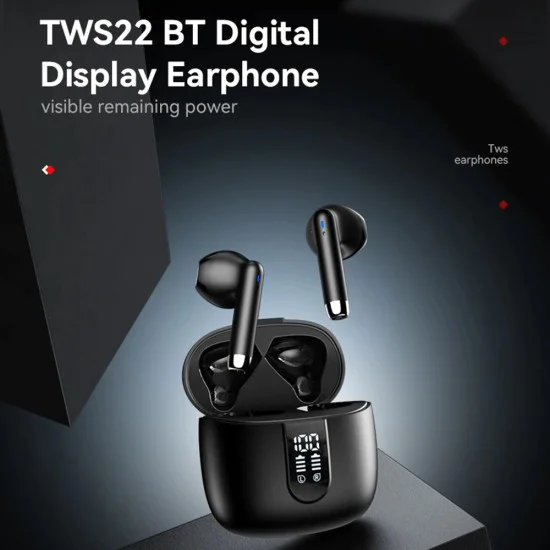 Безжични слушалки – Yesido Wireless Earbuds (TWS22) – Микрофон, Bluetooth V5.3, LED дисплей, тъч контрол, полу-в ухо, 400mAh – Черни