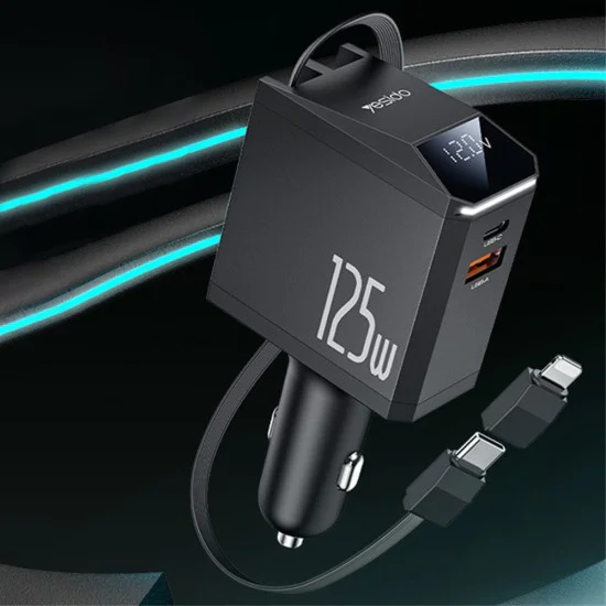 Автомобилно зарядно 4в1 – Yesido Y71 – прибиращ Type-C + Lightning адаптер, USB-A + Type-C, 125W, LED – Черно