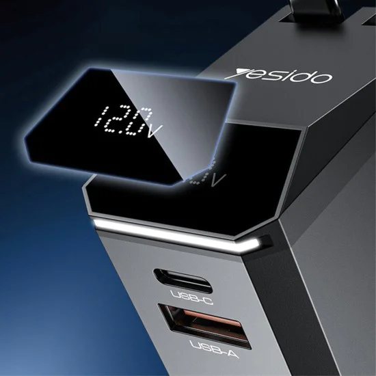 Автомобилно зарядно 4в1 – Yesido Y71 – прибиращ Type-C + Lightning адаптер, USB-A + Type-C, 125W, LED – Черно