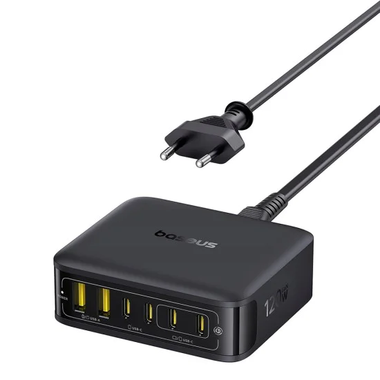 Зарядно устройство Baseus EnerFill FH21 (E0120T00) - 4x Type-C, 2x USB, 120W, GaN технология - Черно