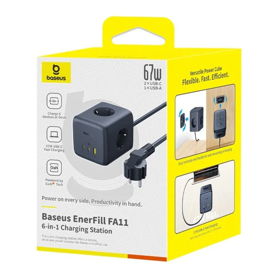 Разклонител Baseus EnerFill FA11 (E00082100123-00) - 3 x EU контакта, USB, Type-C, 67W, 1.5м - Черен