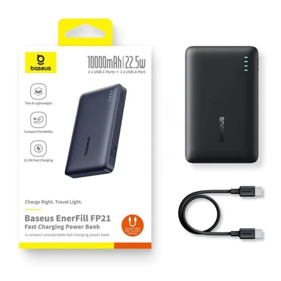 Външна батерия Baseus EnerFill FP21 (P1008210D123-00) - два порта, 10000mAh, 22.5W, тънък дизайн - Черна