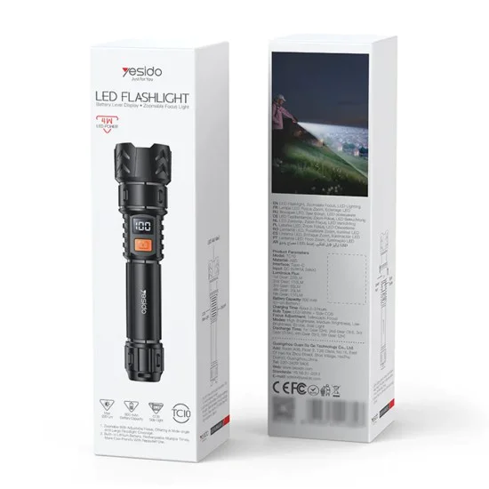 Фенер Yesido TC10 - Telescopic Zoom, White Laser LED, 5 режима, презареждаем, Digital Display, 4W, 800mAh - Черен