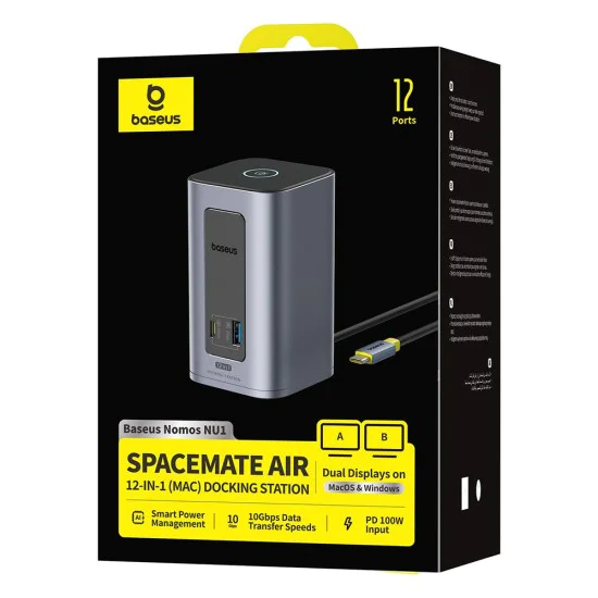 Докинг станция Baseus Nomos NU1 Air (B0114400) - 12 порта, 10Gbps, 100W PD, 4K дисплеи - Сива