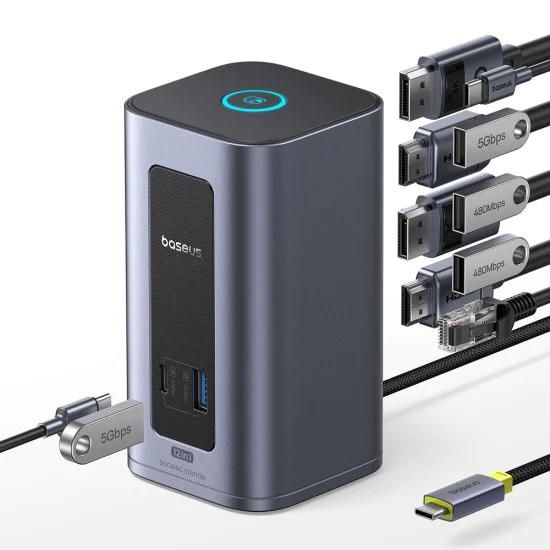 Докинг станция Baseus Nomos NU1 Air (B0114400) - 12 порта, 10Gbps, 100W PD, 4K дисплеи - Сива