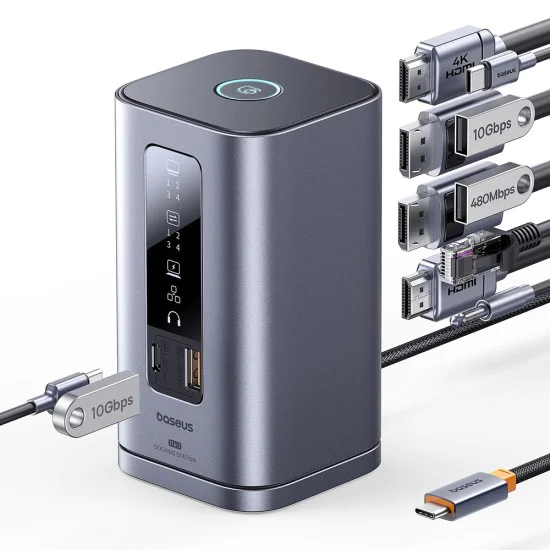 Докинг станция Baseus Spacemate Series 11in1 (B0112701) - троен 4K дисплей, 10Gbps, PD100W - Сива