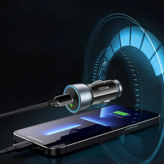 Автомобилно зарядно – Yesido Y49 – USB-A + Type-C, LED светлина, fast charge 30W – Сиво