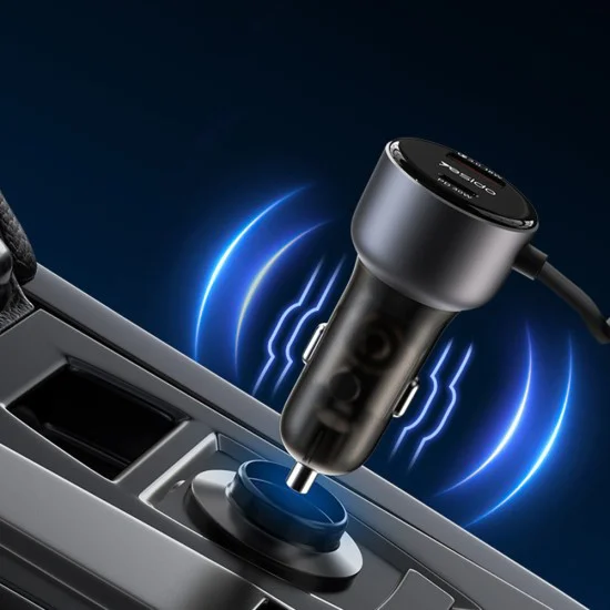 Автомобилно зарядно – Yesido Y57 – Lightning пружинен кабел, Type-C/USB-A, 50W – Черно
