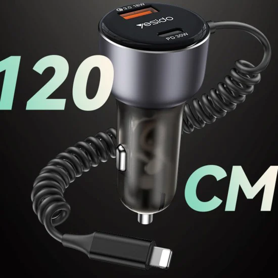 Автомобилно зарядно – Yesido Y57 – Lightning пружинен кабел, Type-C/USB-A, 50W – Черно