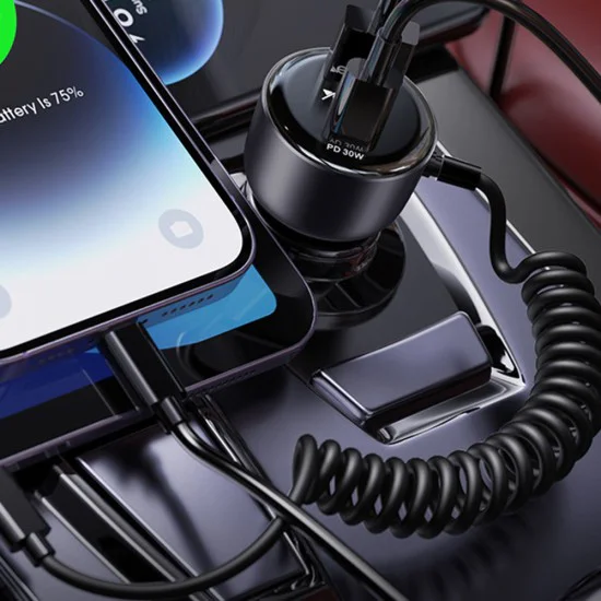 Автомобилно зарядно – Yesido Y57 – Lightning пружинен кабел, Type-C/USB-A, 50W – Черно