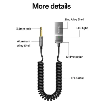 Аудио кабел Yesido YAU82 - Bluetooth Car Player, USB към Jack 3.5mm, Coil Design, Nylon Braided, 1.4m - Черен