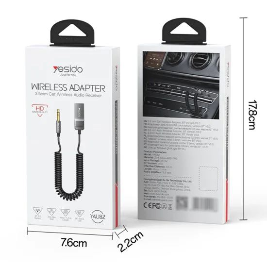 Аудио кабел Yesido YAU82 - Bluetooth Car Player, USB към Jack 3.5mm, Coil Design, Nylon Braided, 1.4m - Черен
