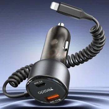 Автомобилно зарядно – Yesido Y57 – Lightning пружинен кабел, Type-C/USB-A, 50W – Черно