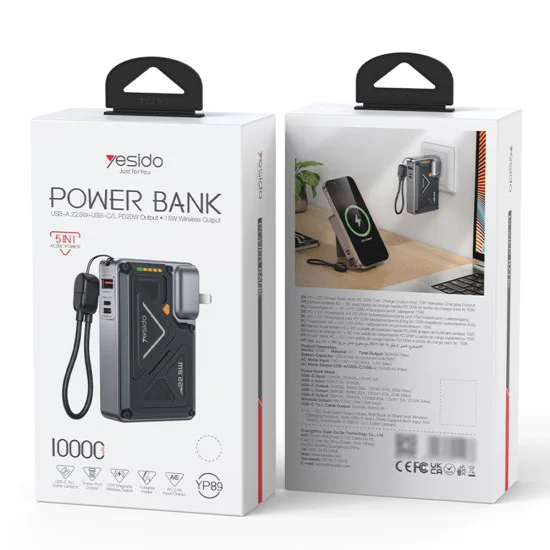 Външна батерия Yesido YP89 - Magnetic, Fast Charge, USB, Lightning, Type-C, Built-in Stand, LED Lights, 10000mAh, 22.5W - Сива