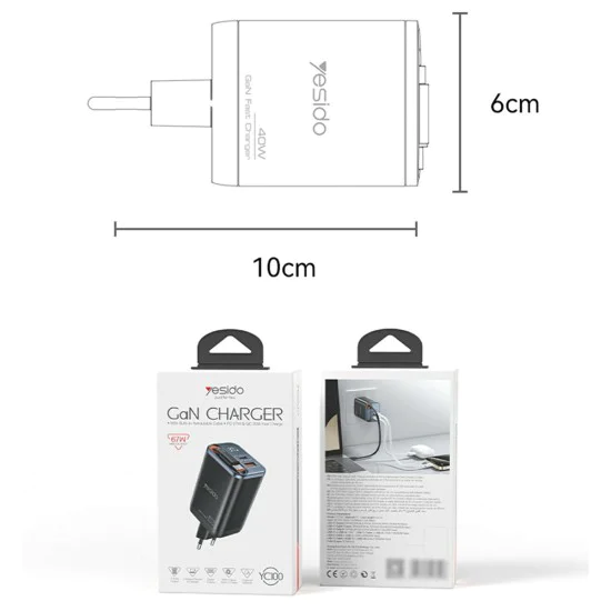 Зарядно устройство за стена Yesido YC100 - USB, Type-C, GaN, Fast Charging, Digital Display, 67W, Retractable Type-C Cable, 65cm - Черно