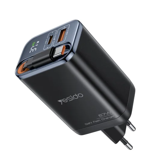 Зарядно устройство за стена Yesido YC100 - USB, Type-C, GaN, Fast Charging, Digital Display, 67W, Retractable Type-C Cable, 65cm - Черно