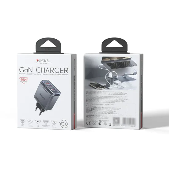 Зарядно устройство за стена Yesido YC101 - USB, 2x Type-C, GaN, Fast Charging, 65W, 5V/3A, CE, FCC, ROHS, VO - Черно