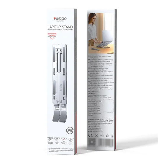 Стойка за лаптоп Yesido LP07 - Stable & Secure Design, 7-Level Height Adjustment, Aluminum Alloy, за 13-20 лаптопи - Сребриста