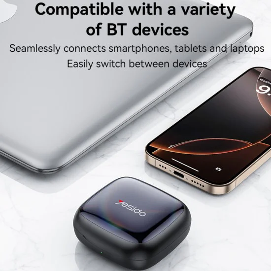 Безжични слушалки – Yesido Wireless Earbuds (YSP24) – Bluetooth V5.4, open-ear, три-лентов звук, тъч, 400mAh, USB-C – Черни