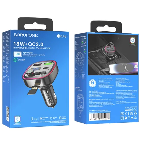 FM модулатор – Borofone (BC48 Broad) – Bluetooth 5.0, 2x USB, Type-C, QC3.0, U-Disk – Черен