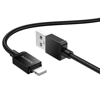 Кабел за данни / зареждане – Borofone (BX120 Placer Series) – USB към Lightning, алуминиев корпус, оплетка Nylon, 2.4A, 1m – Черен